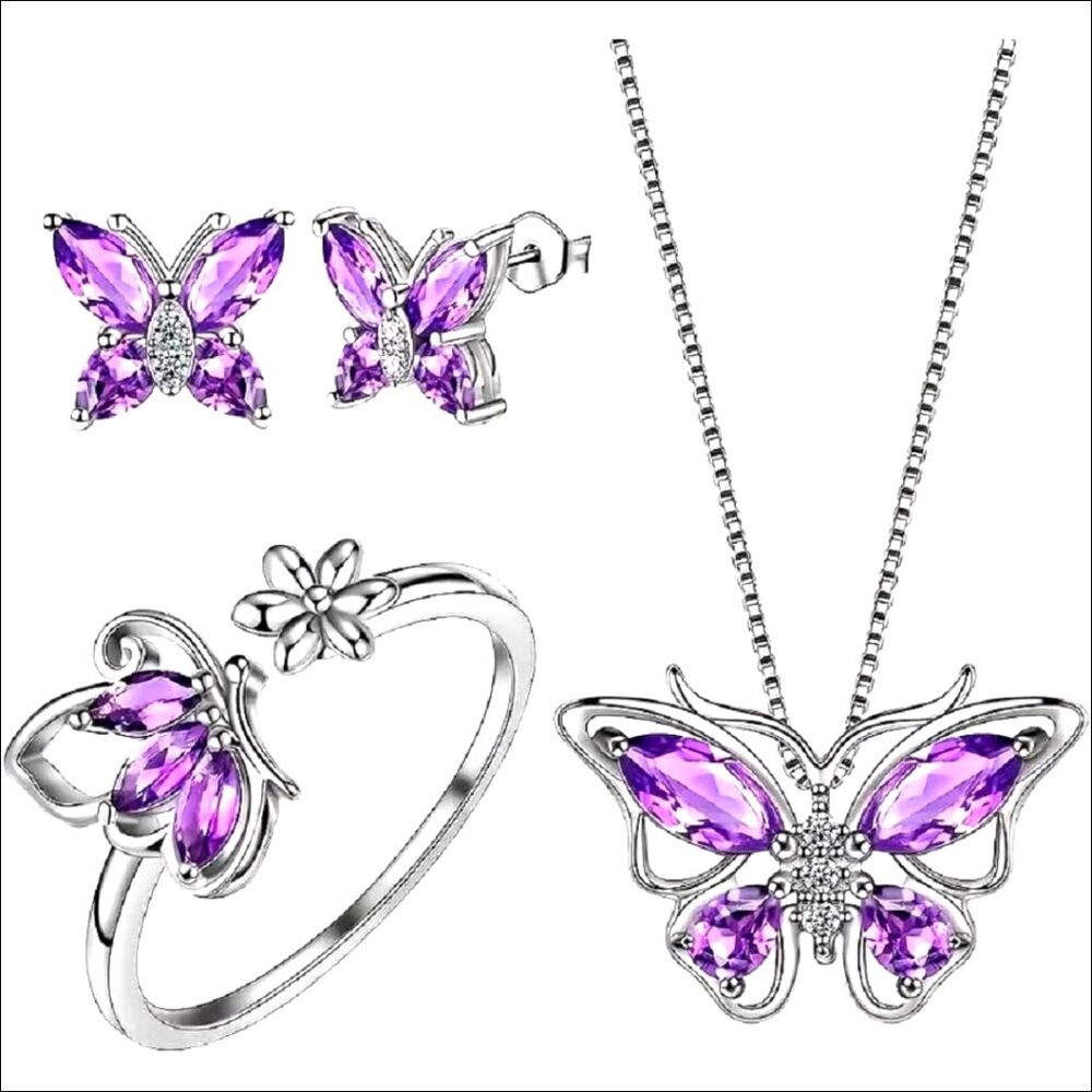 Butterfly Crystal Jewelry Set with Adjustable Ring Necklace Earrings